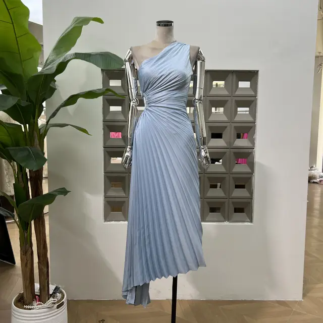 One shoulder Pleated Hollowed out Midriff Outfit Irregular Skirt For Women Dress Light Blue - Shop at LoveMi
