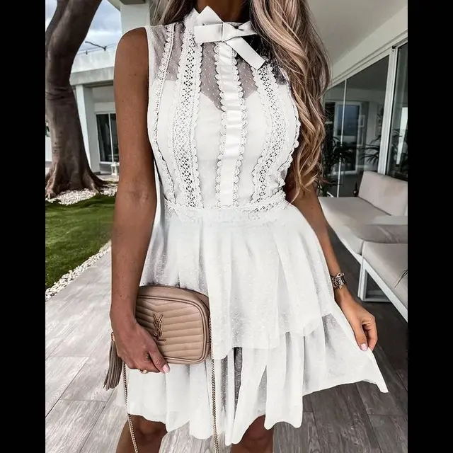 Sleeve Lace Stitching Butterfly Collar Dignified Goddess Mesh Dress White - Shop at LoveMi