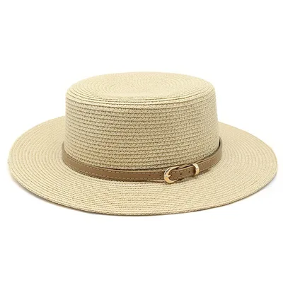 Wide Brim Flat Top Women's Spring And Summer Sun Beach Sun proof Straw Hat Beige - Shop at LoveMi