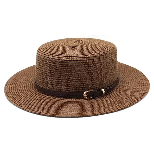 Wide Brim Flat Top Women's Spring And Summer Sun Beach Sun proof Straw Hat Brown - Shop at LoveMi