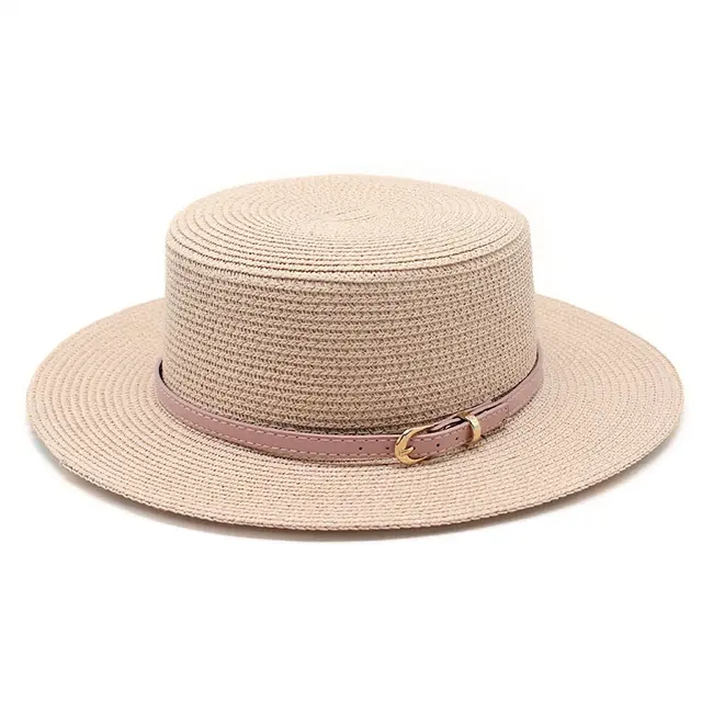 Wide Brim Flat Top Women's Spring And Summer Sun Beach Sun proof Straw Hat Light Pink - Shop at LoveMi