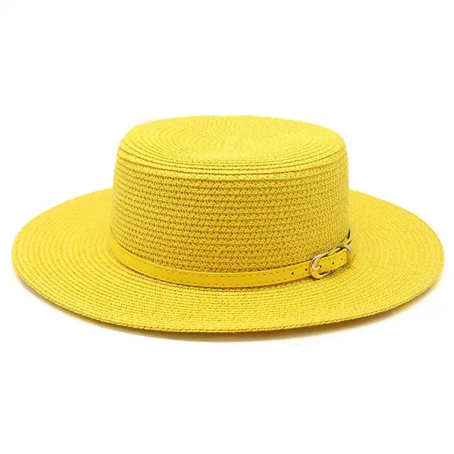 Wide Brim Flat Top Women's Spring And Summer Sun Beach Sun proof Straw Hat Yellow - Shop at LoveMi