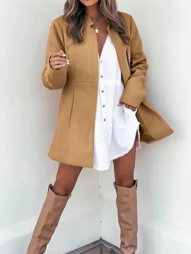 Solid Color Slimming Long Sleeve Pocket Woolen Women's Coat Khaki - Shop at LoveMi