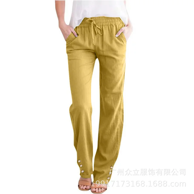 Solid Color Cotton And Linen Loose Drawstring Button Casual Wide leg Trousers Yellow - Shop at LoveMi