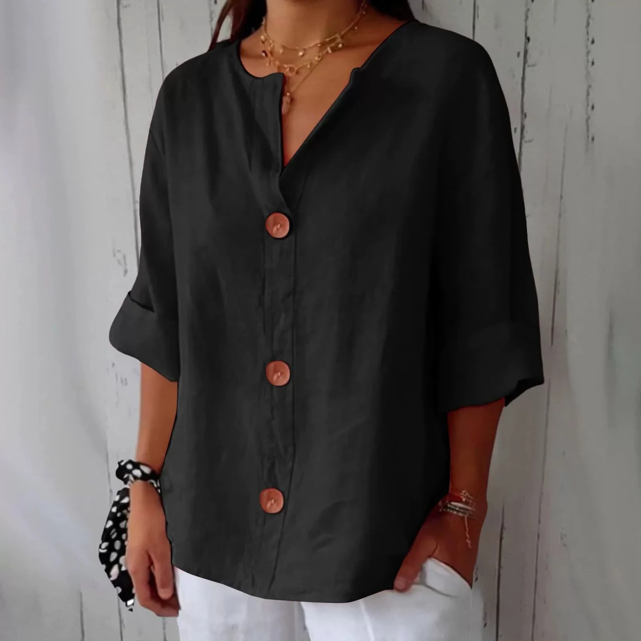 Loose Comfort And Casual V-neck Cotton And Linen Button Top - Black