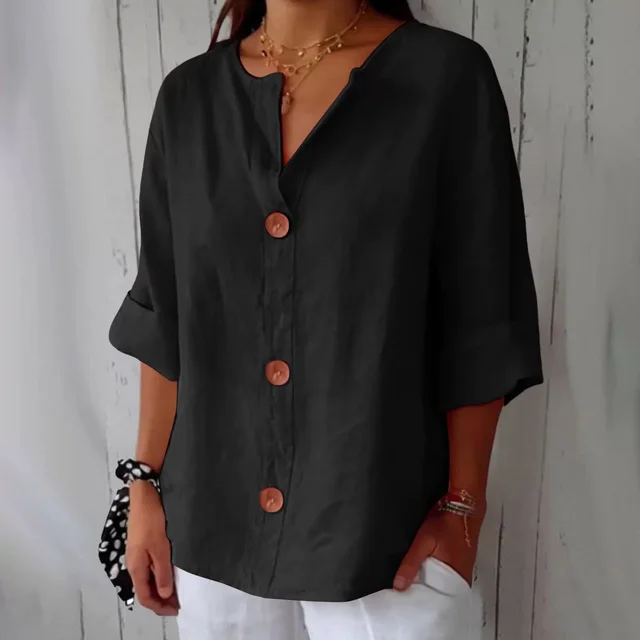 Loose Comfort And Casual V neck Cotton And Linen Button Top Black - Shop at LoveMi