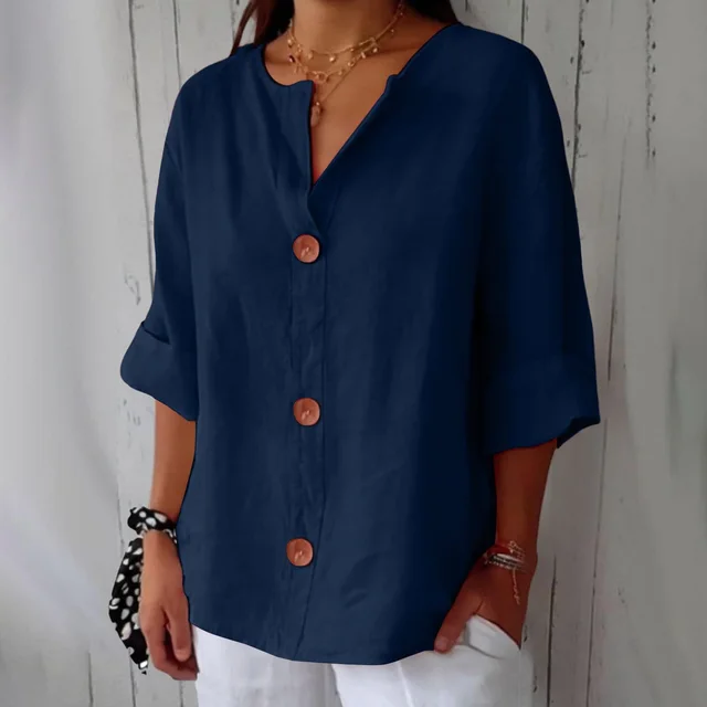 Loose Comfort And Casual V neck Cotton And Linen Button Top Navy Blue - Shop at LoveMi