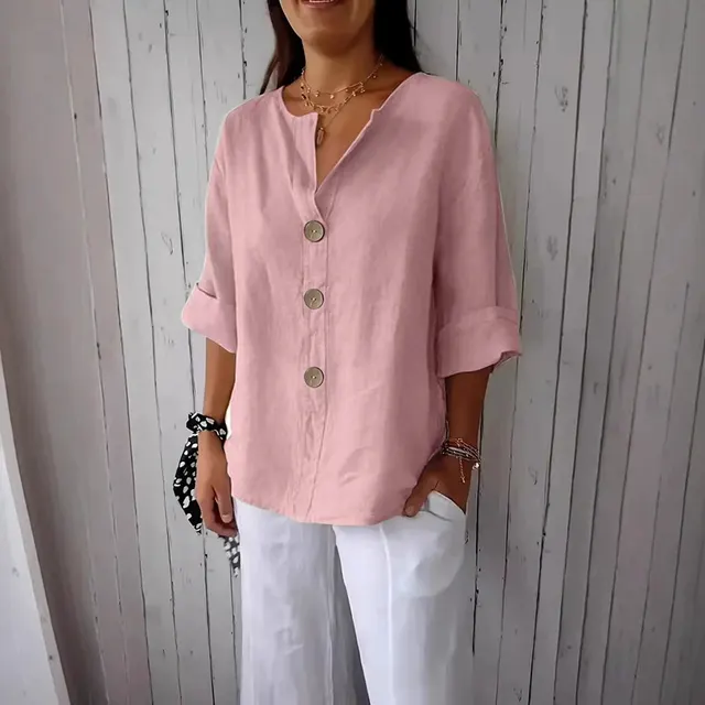 Loose Comfort And Casual V neck Cotton And Linen Button Top Pink - Shop at LoveMi