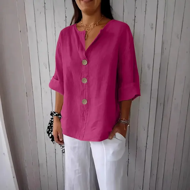 Loose Comfort And Casual V neck Cotton And Linen Button Top Pitaya Color - Shop at LoveMi