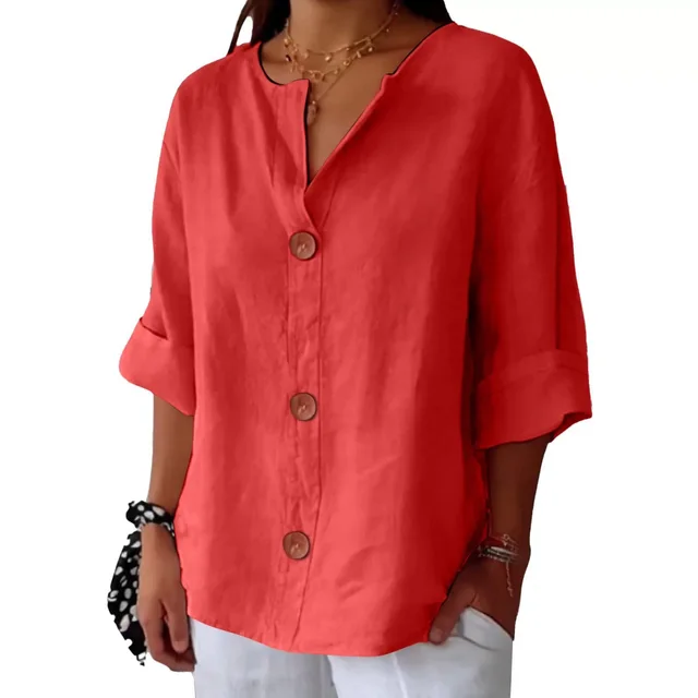 Loose Comfort And Casual V neck Cotton And Linen Button Top Red - Shop at LoveMi