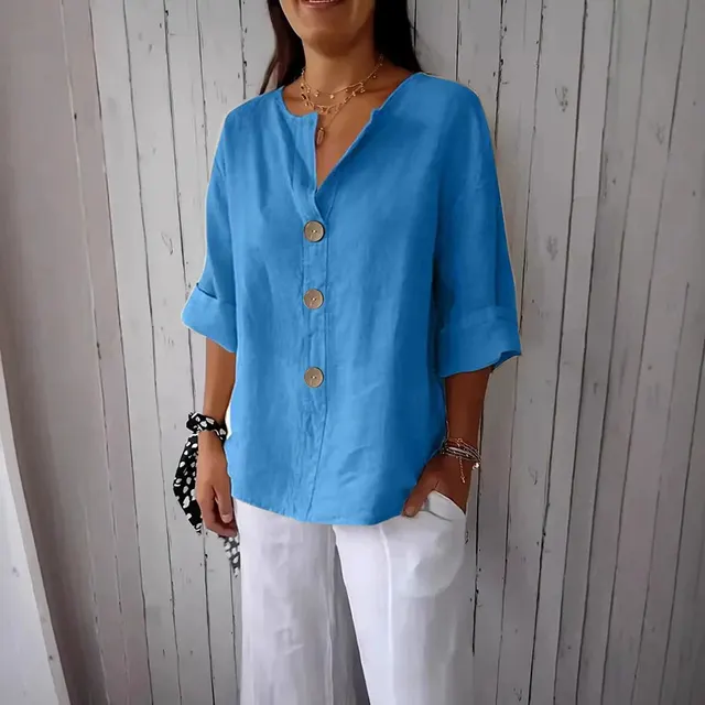 Loose Comfort And Casual V neck Cotton And Linen Button Top Sapphire Blue - Shop at LoveMi