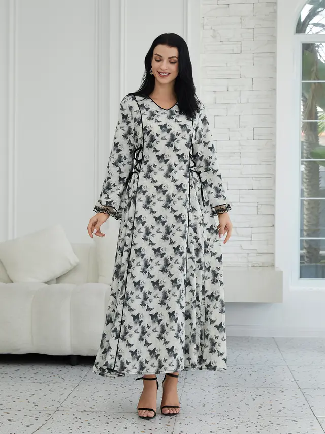Fashion Printed Muslim Robe Abaiya Dress Black - Shop at LoveMi