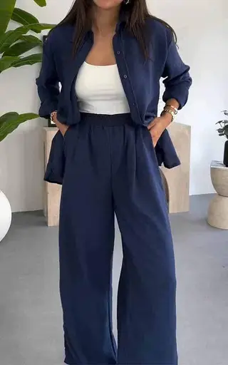 Fashion Solid Colour Loose Top Casual Wide Leg Pants Two-piece Set - Dark Blue
