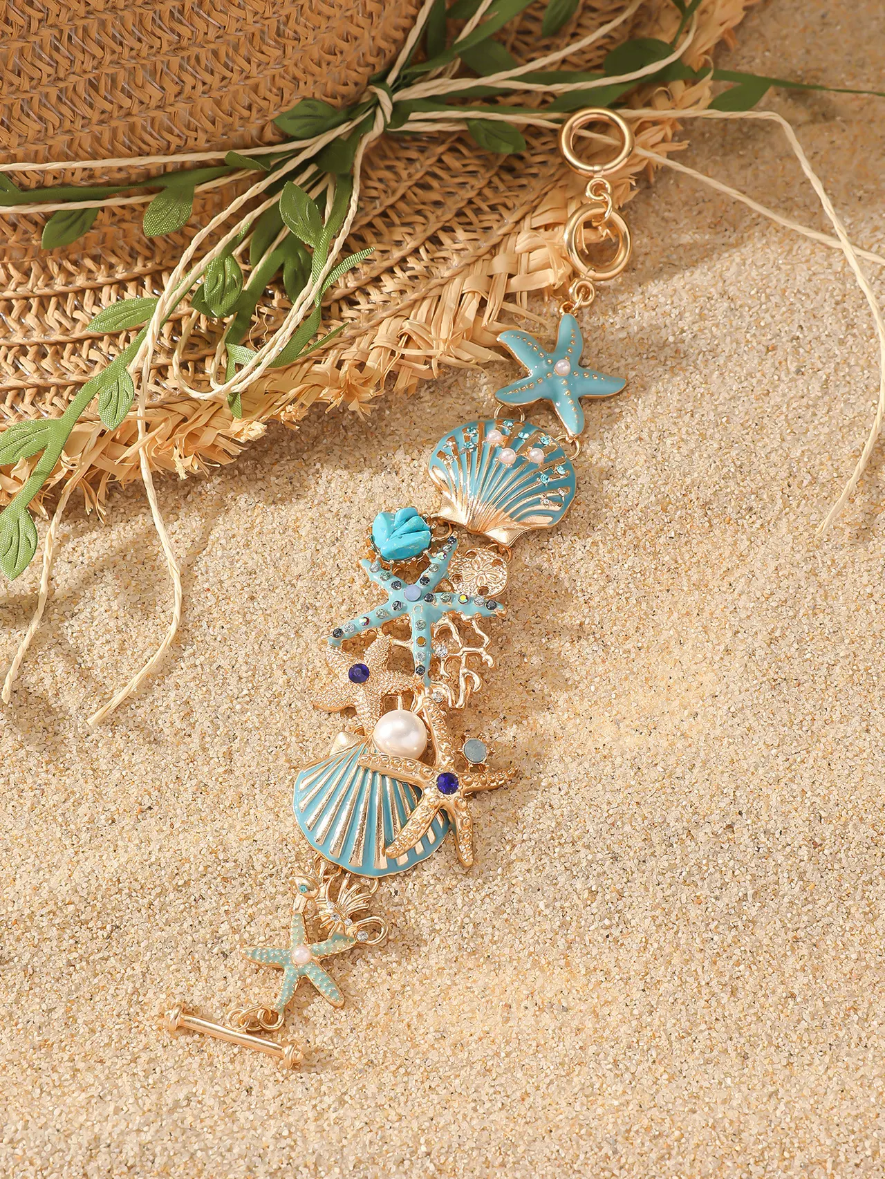 Alloy Rhinestone Marine Shell Boat Anchor Rhinestone Bracelet - Turquoise Style
