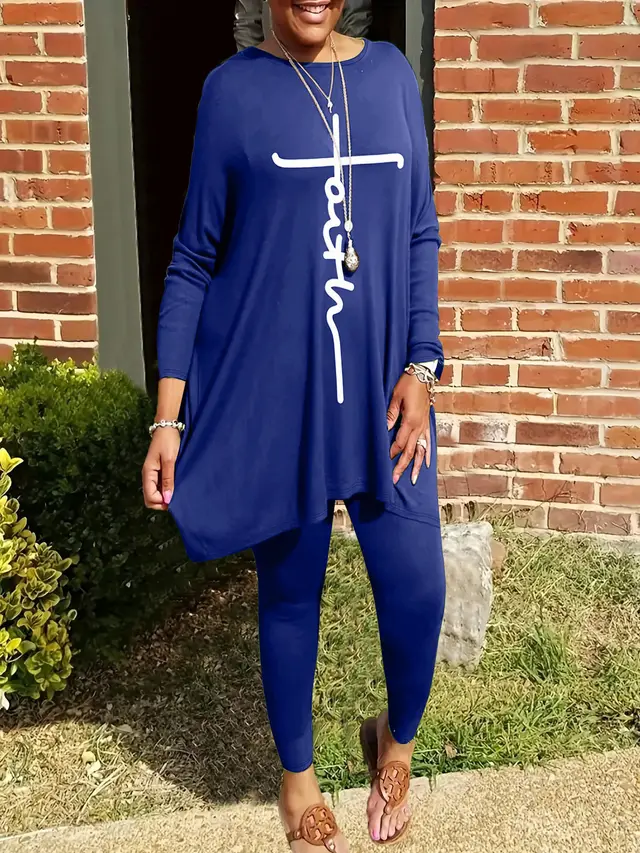 Round Neck Loose Long Sleeves Solid Color Printed Plus Size Women's Clothing Two piece Set Blue - Shop at LoveMi