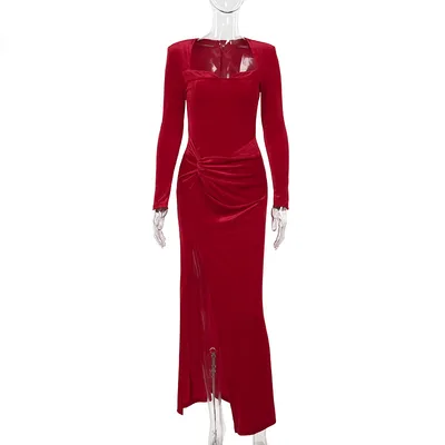 Socialite Style Elegant Long Sleeve Velvet Slit Formal Dress Red - Shop at LoveMi