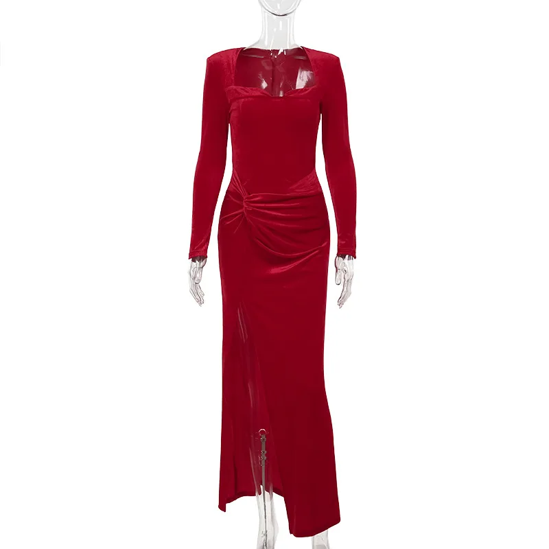 Socialite Style Elegant Long Sleeve Velvet Slit Formal Dress - Red