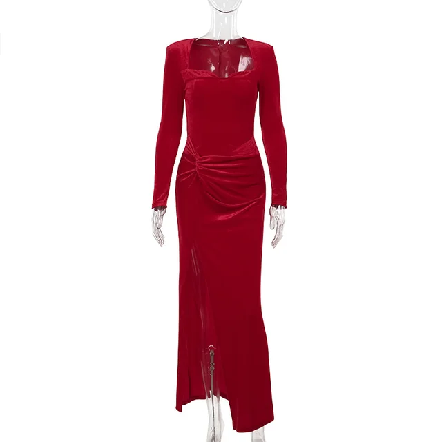 Socialite Style Elegant Long Sleeve Velvet Slit Formal Dress Red - Shop at LoveMi