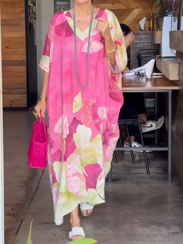 Asian Floral Print V neck Plus Size Loose Dress Pink - Shop at LoveMi