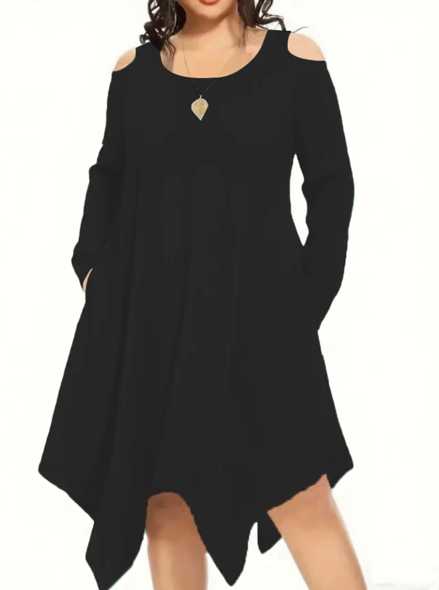 Slim Fit Slimming And Fashionable Irregular Design Long Sleeve Plus Size Dress Black - Shop at LoveMi