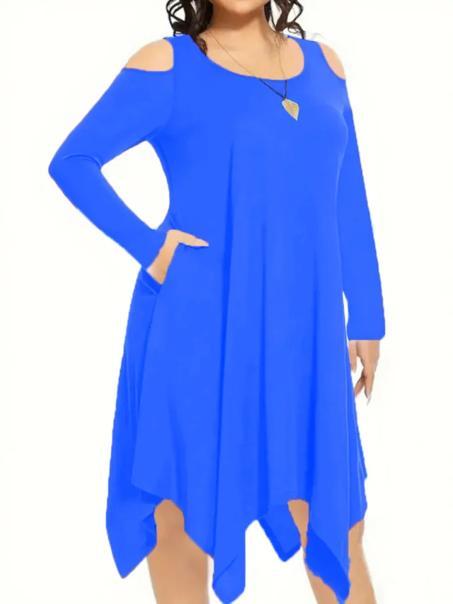 Slim Fit Slimming And Fashionable Irregular Design Long Sleeve Plus Size Dress Blue - Shop at LoveMi