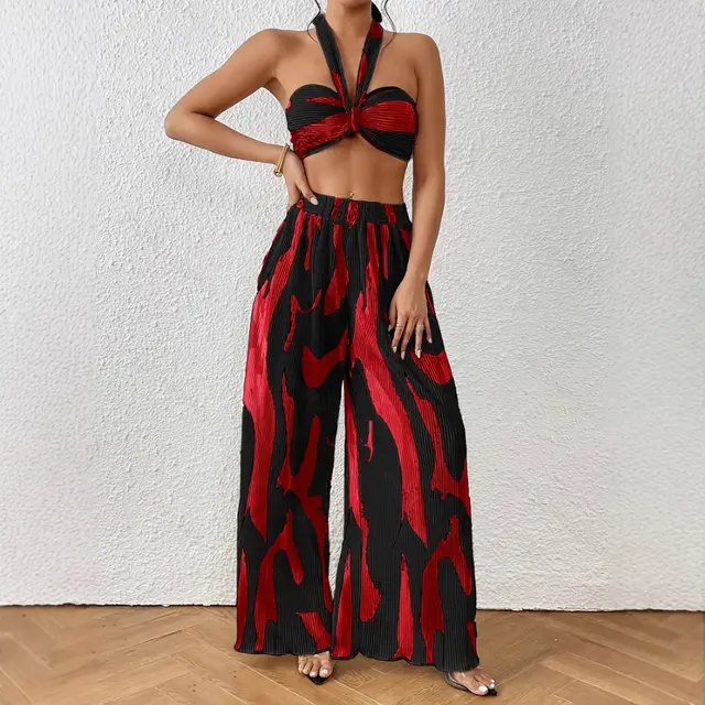 Halter Tube Top Flame Wide leg Pants Suit Flame Red - Shop at LoveMi