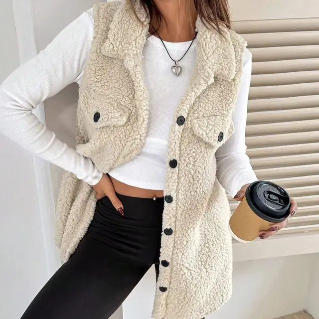 Lapels Open Button Plush Vest Cardigan Apricot - Shop at LoveMi