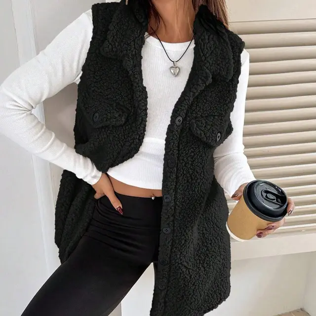 Lapels Open Button Plush Vest Cardigan Black - Shop at LoveMi