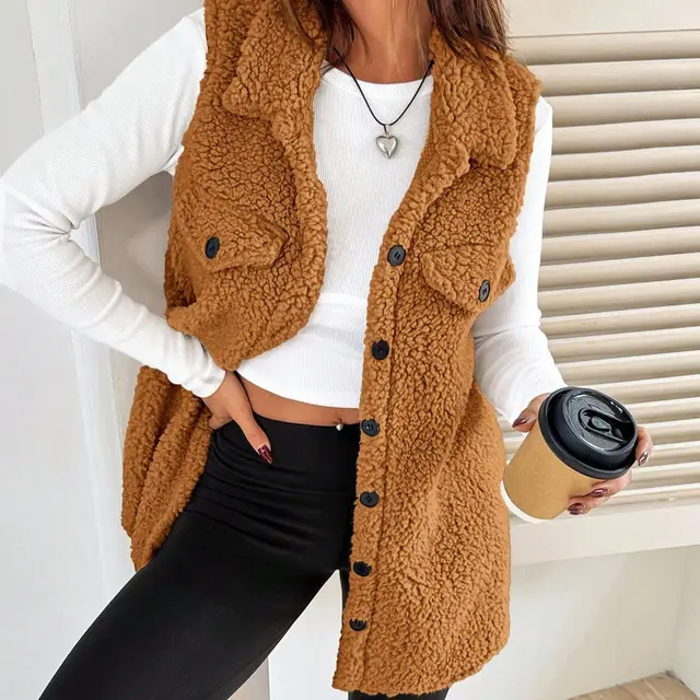 Lapels Open Button Plush Vest Cardigan Golden Camel - Shop at LoveMi