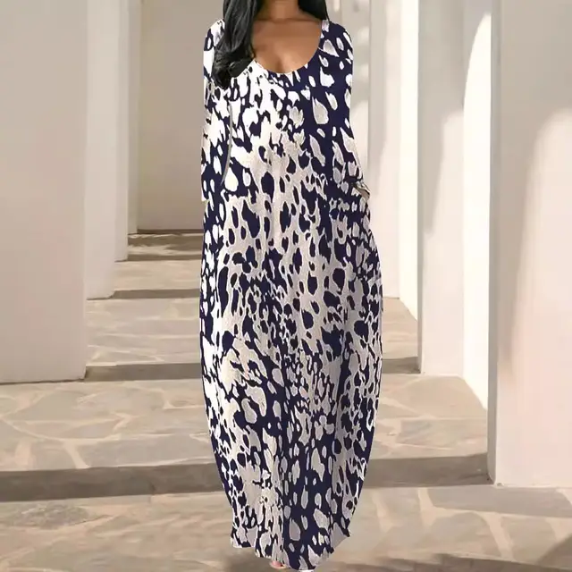 European And American New Pocket Round Neck Printing Plus Size Dress Sapphire Blue - Shop at LoveMi