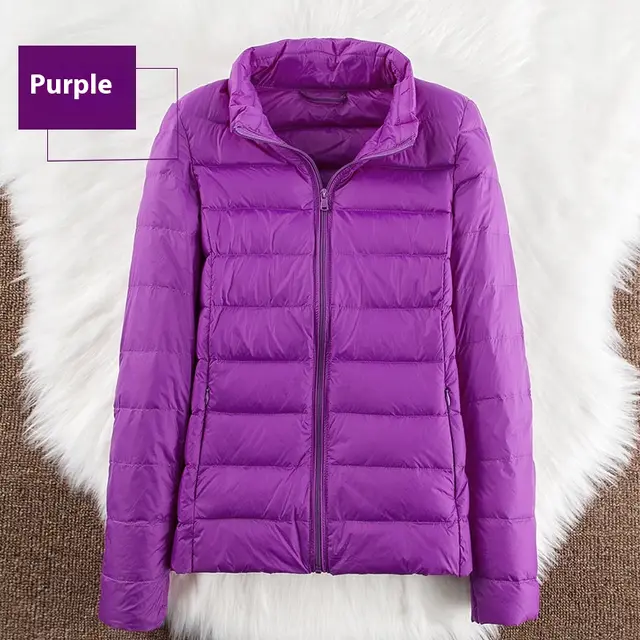 Stand up Collar Down Short Lightweight And Extra Thick Slim Jacket Purple - Shop at LoveMi