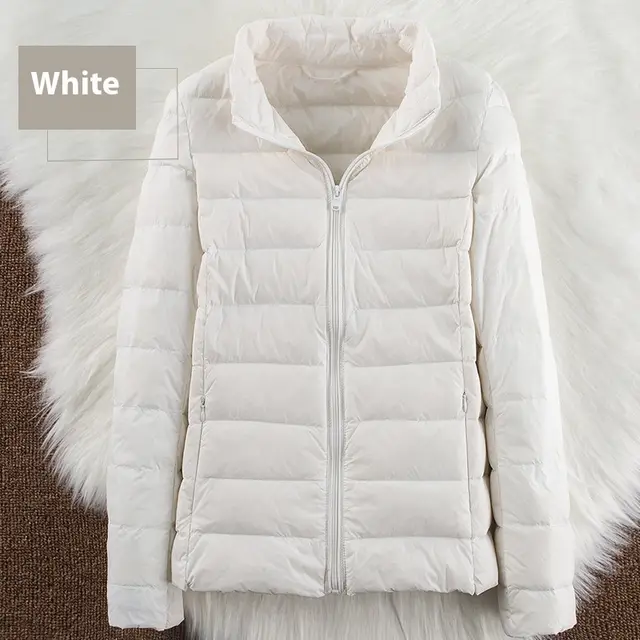 Stand up Collar Down Short Lightweight And Extra Thick Slim Jacket White - Shop at LoveMi