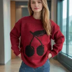 Cherry Jacquard Women's Sweater Round Neck Loose Sweater Idle Style - Red