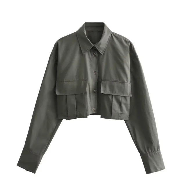 Solid Color Polo Collar Single breasted Long Sleeve Pocket Trim Short Shirt Green - Shop at LoveMi