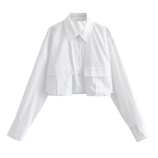 Solid Color Polo Collar Single breasted Long Sleeve Pocket Trim Short Shirt White - Shop at LoveMi
