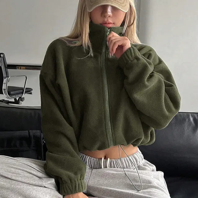 Short Autumn And Winter Stand up Collar Thick Lamb Wool Drawstring Coat Women Olive Green - Shop at LoveMi