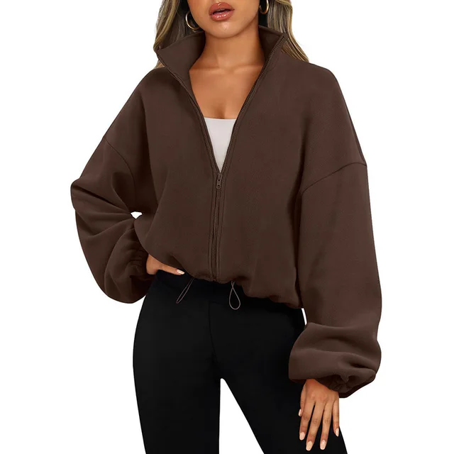 Women's Solid Color With Fur Sports Zipper Coat Coffee - Shop at LoveMi