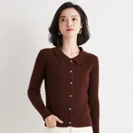 Polo Collar Slim Fit Slimming Long Sleeves Top Breasted Cardigan - Coffee