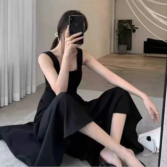 Super fairy Spaghetti strap Women's Loose Slimming Hepburn Wind Black Skirt Black Long - Shop at LoveMi