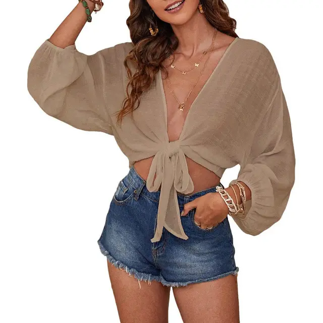 Pure Color Bikini Beach Shirt Women's Cotton And Linen Khaki - Shop at LoveMi