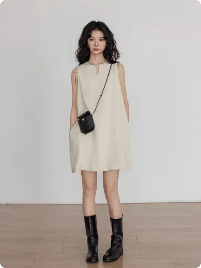 Summer Lazy Vacation Style Sleeveless Vest Dress Hemp Apricot - Shop at LoveMi