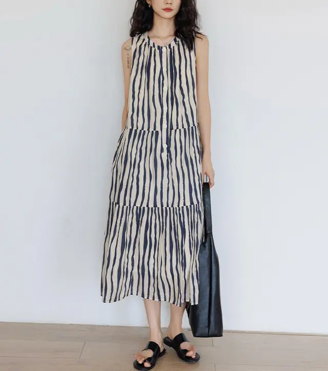 Round Neck Loose Stripe A Word Vacation Style Midi Dress Wave Blue - Shop at LoveMi