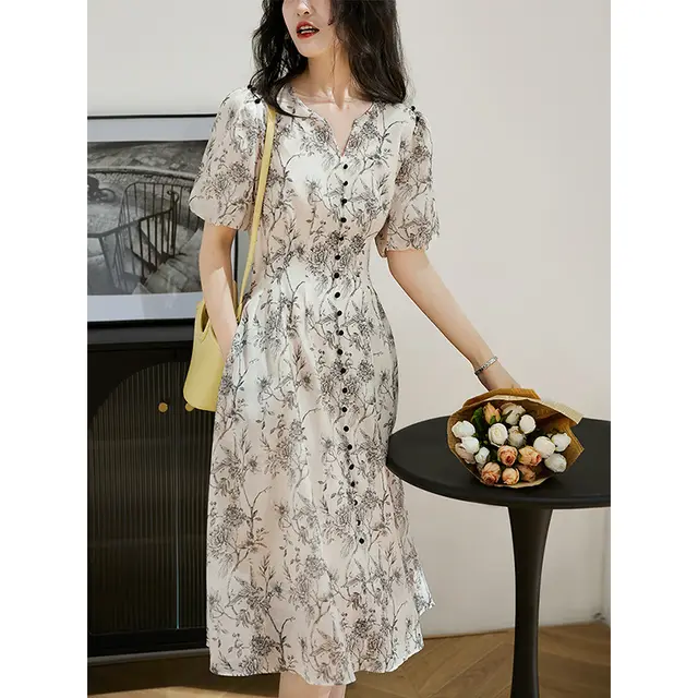V neck Temperament Short Sleeve Slimming A Line Dress Gray - Shop at LoveMi