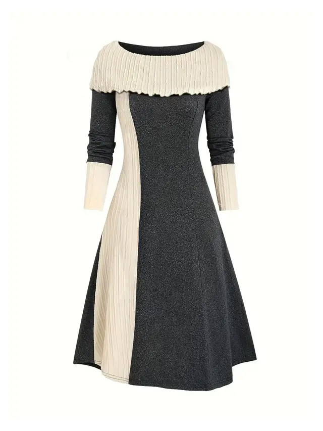Elegant Scoop Cuffed Long Sleeve Knitted Color matching Dress Dark Gray Grey - Shop at LoveMi