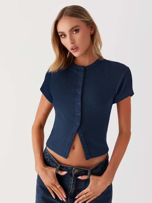 Summer New Slim fit Buttoned Cardigan Short Sleeve T shirt Navy Blue - Shop at LoveMi