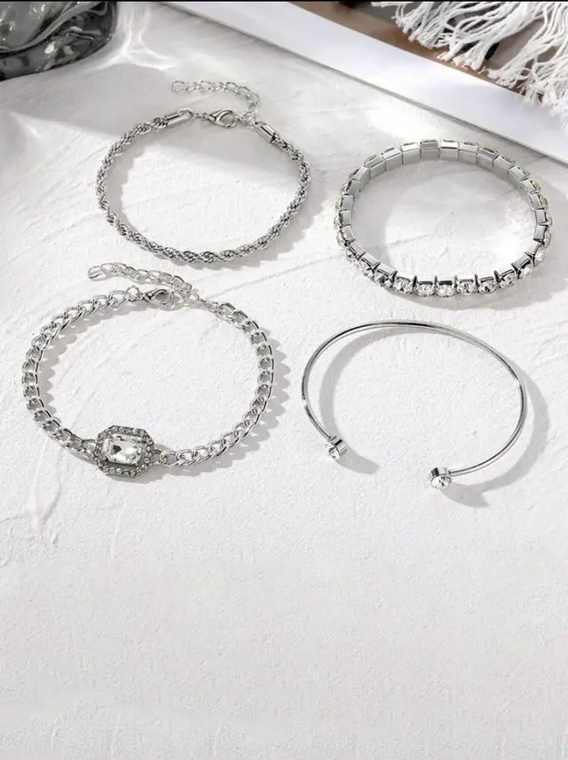 Artistic Retro Versatile Metal Chain Square Diamond 4 piece Set Silver - Shop at LoveMi