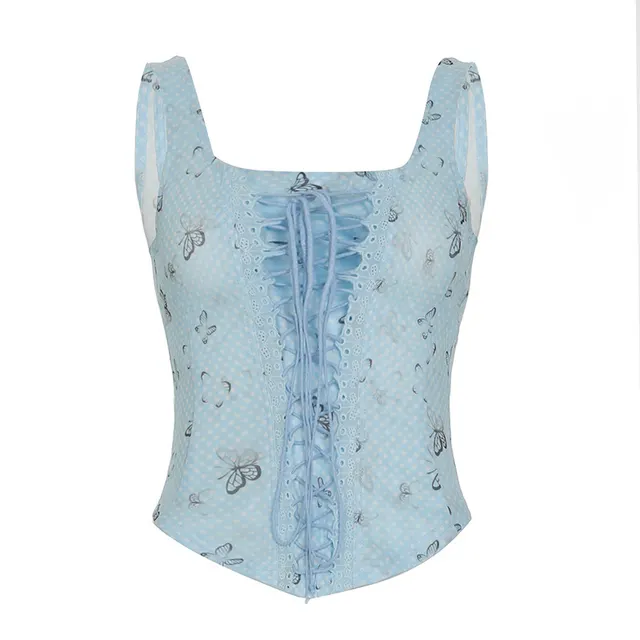 French Style Girl Square Collar Butterfly Printed Mesh Sling Top Light Blue - Shop at LoveMi