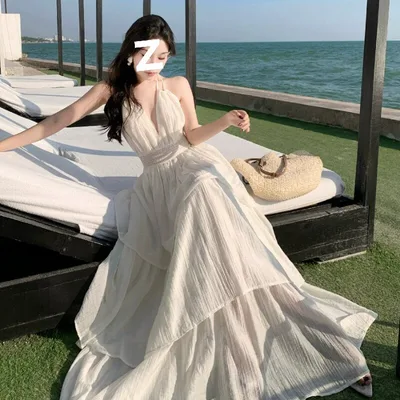 Deep V New Patchwork Slim Fit Slimming Spaghetti Straps Tiered Ruffle Long Dress Beige - Shop at LoveMi