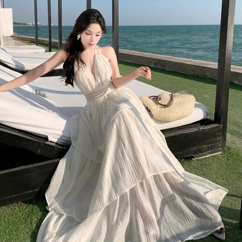 Deep V New Patchwork Slim Fit Slimming Spaghetti Straps Tiered-Ruffle Long Dress - Beige - View 1