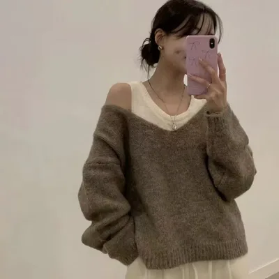 Bandage Dress Knitted Vest Soft Glutinous Loose fitting Long Sleeve Sweater Two piece Set Khaki - Shop at LoveMi